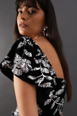 Sequin Velvet Square Neck Frill Strap Midi Dress