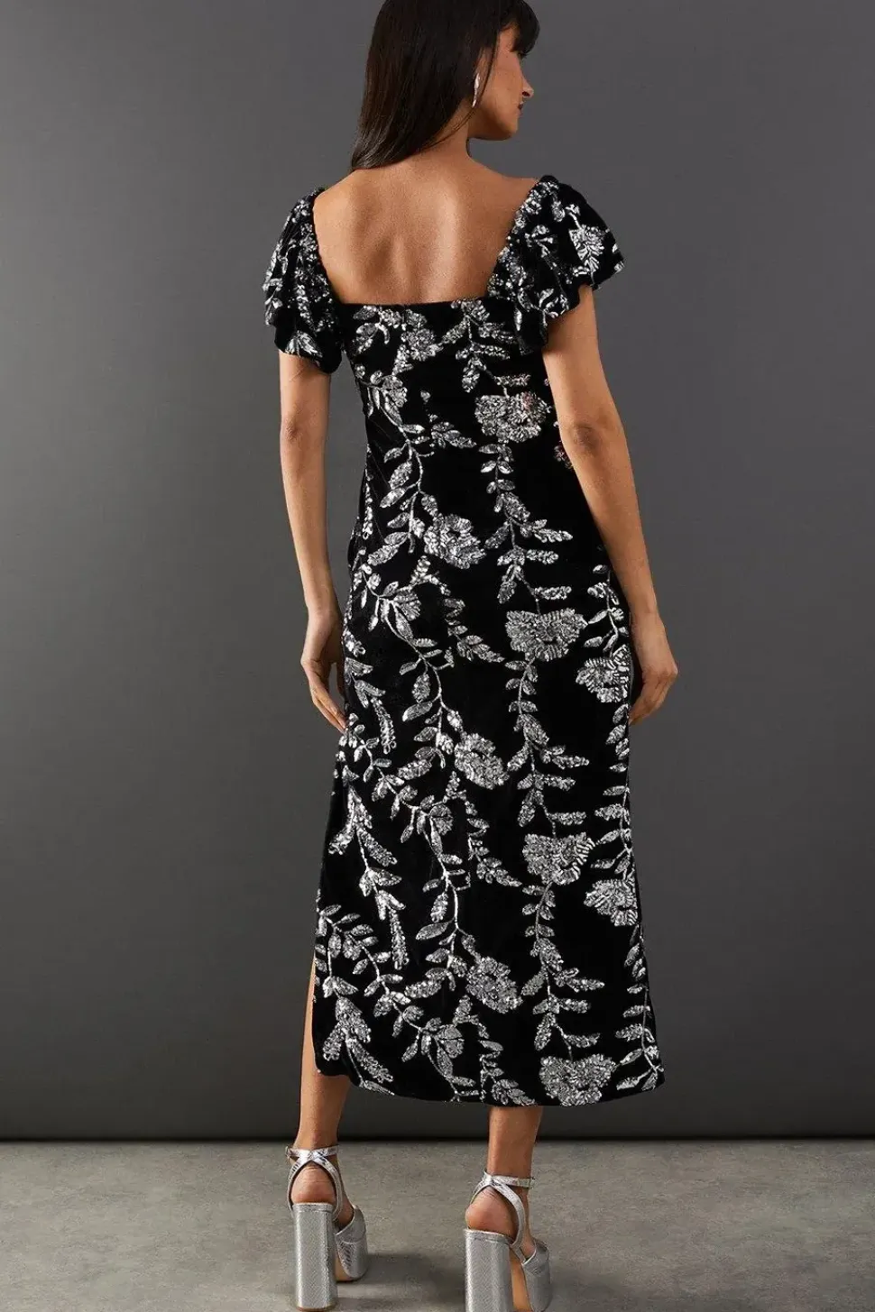 Sequin Velvet Square Neck Frill Strap Midi Dress