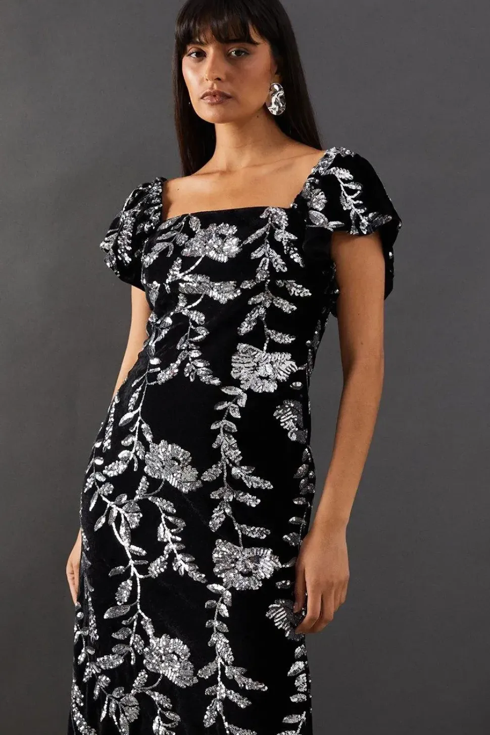 Sequin Velvet Square Neck Frill Strap Midi Dress