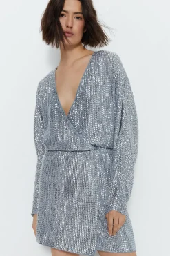 Sequin Wrap Long Sleeve Mini Dress