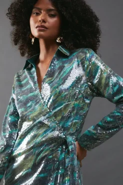 Sequin Wrap Mini Shirt Dress