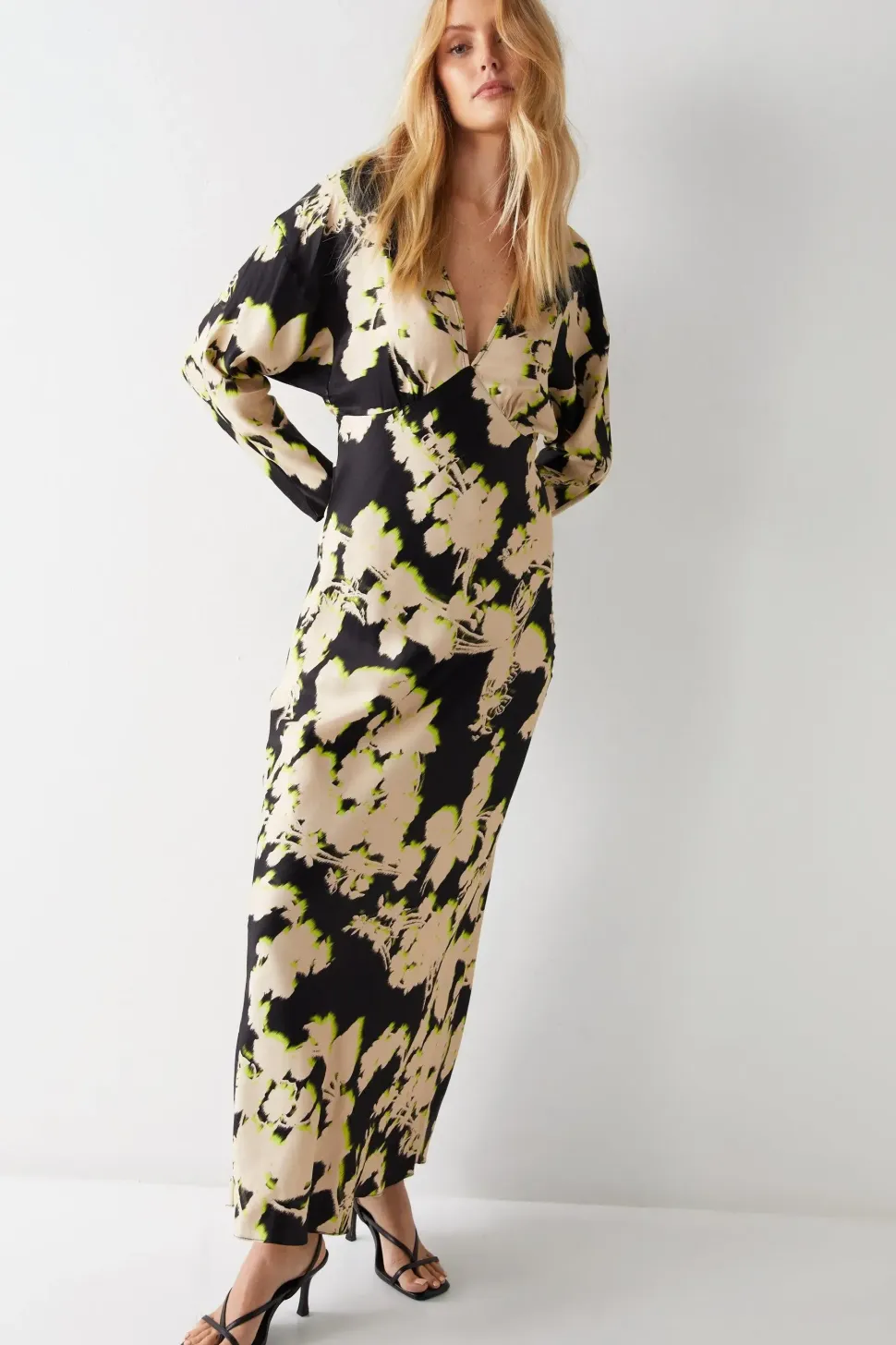 Shadow Floral Print Premium Satin Batwing Dress