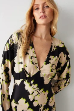 Shadow Floral Print Premium Satin Batwing Dress