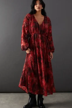 Shadow Stripe Chiffon Plunge Neck Tier Midi Dress
