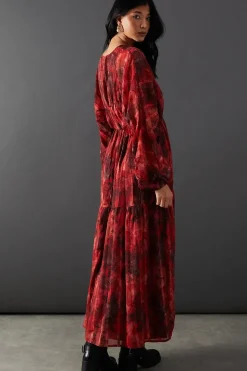 Shadow Stripe Chiffon Plunge Neck Tier Midi Dress