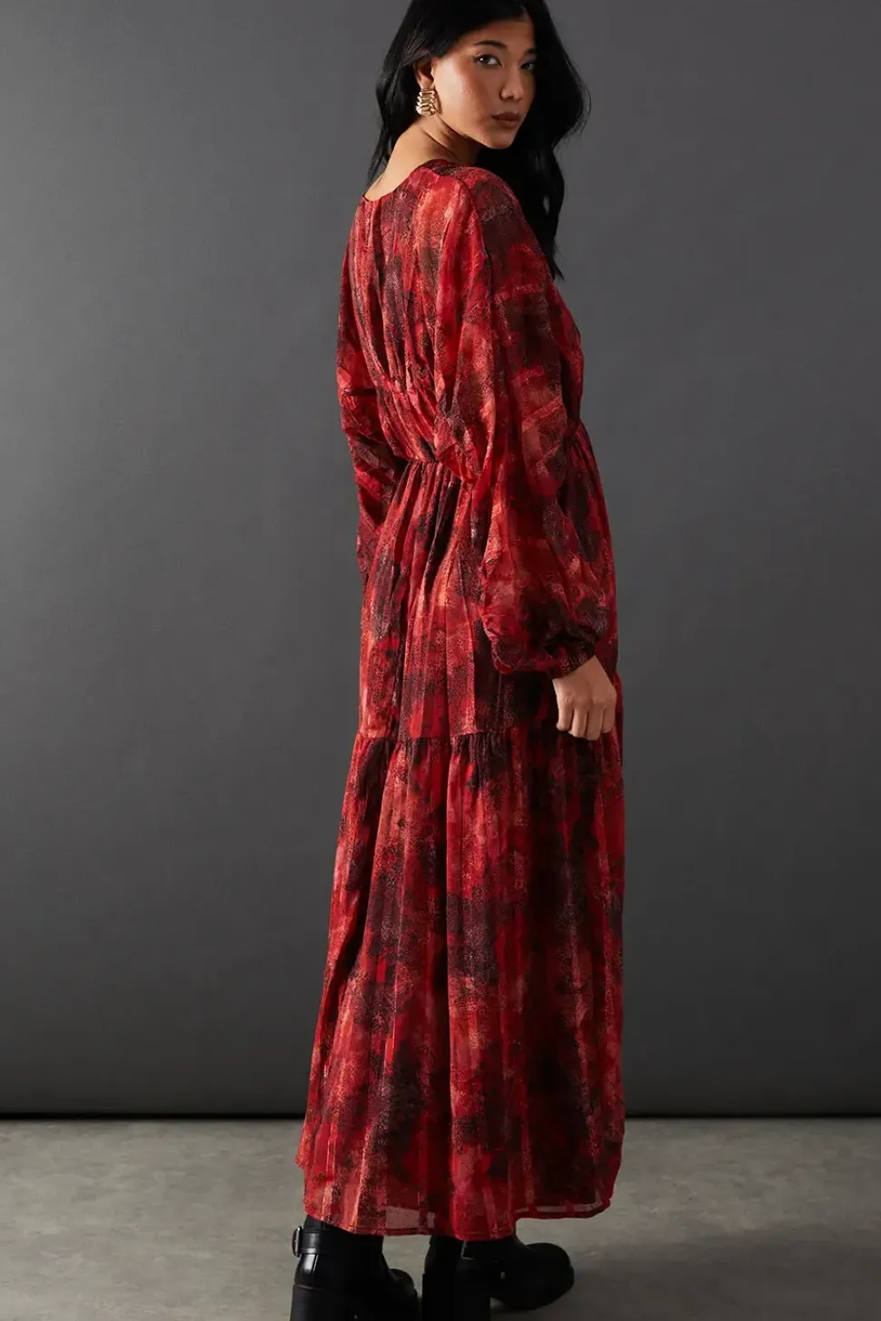 Shadow Stripe Chiffon Plunge Neck Tier Midi Dress