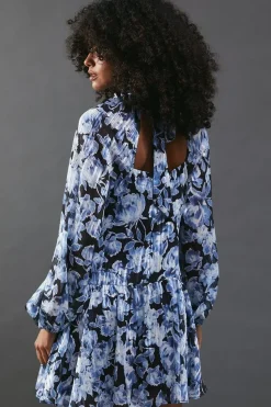 Shadow Stripe High Neck Tie Back Mini Dress