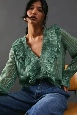 Shadow Stripe Smocking Panel Double Ruffle Blouse