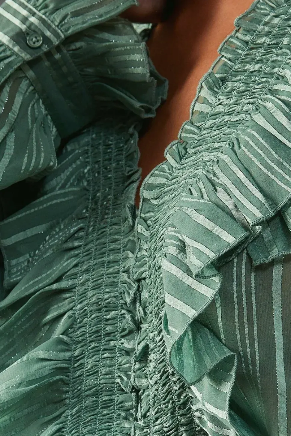 Shadow Stripe Smocking Panel Double Ruffle Blouse