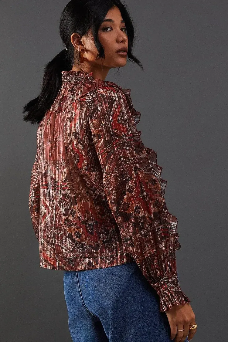 Shadow Stripe Smocking Panel Double Ruffle Blouse