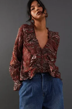 Shadow Stripe Smocking Panel Double Ruffle Blouse