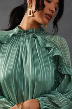 Shadow Stripe Tie Back Neck Ruffle Tier Midi Dress