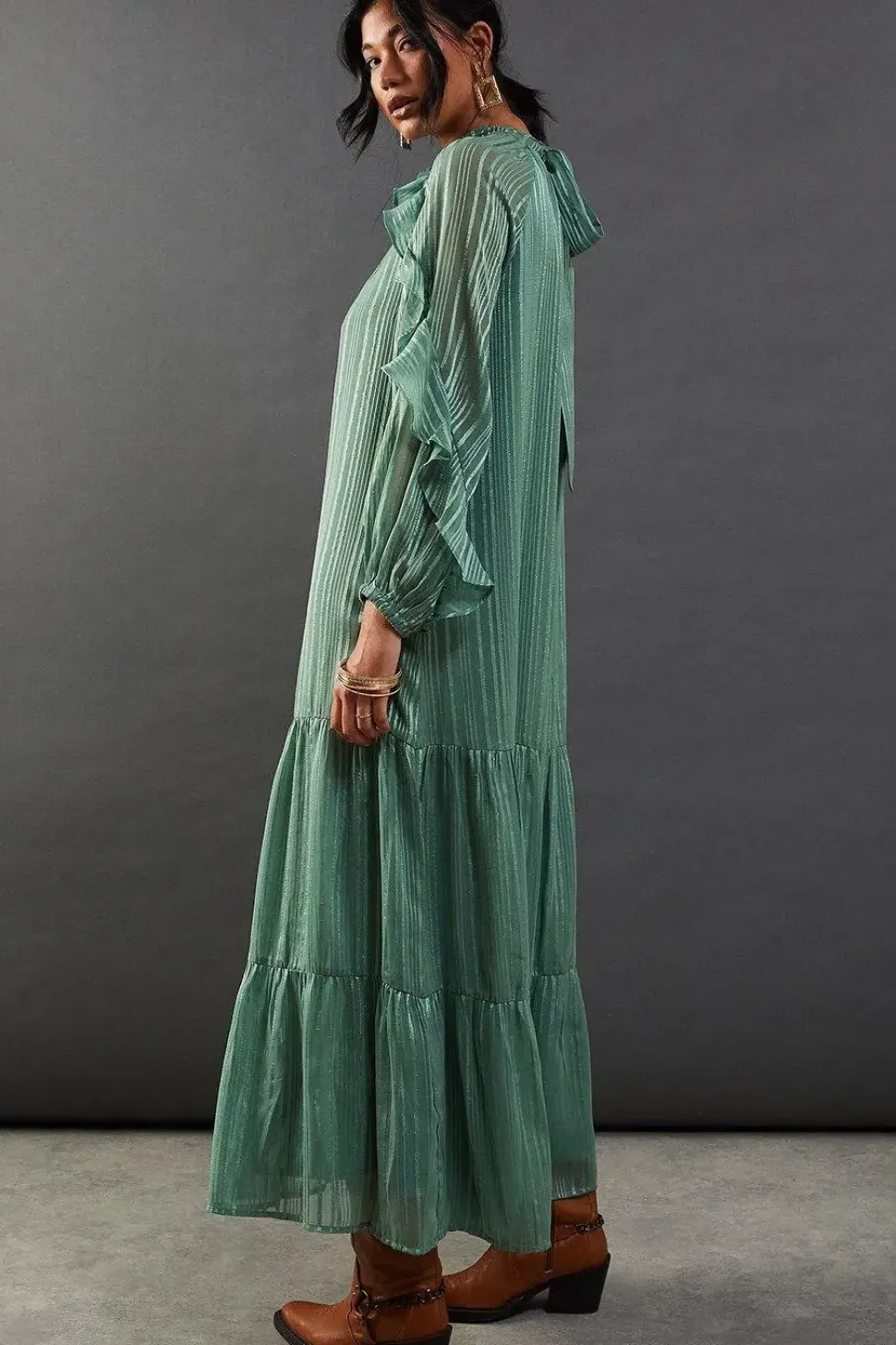 Shadow Stripe Tie Back Neck Ruffle Tier Midi Dress