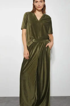 Shay Rib Velour Wide Leg Trousers Green