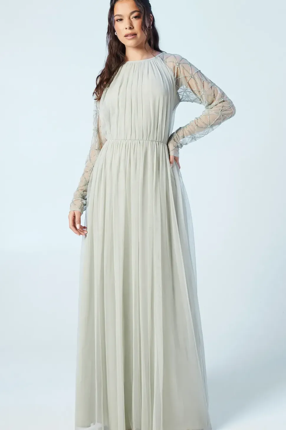 Sheer Embellished Sleeve Mesh Bridesmaids Maxi Dress