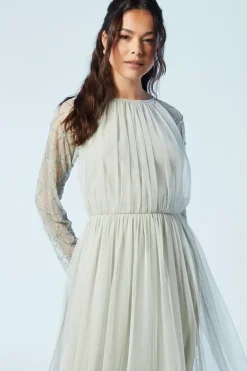 Sheer Embellished Sleeve Mesh Bridesmaids Maxi Dress