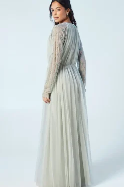 Sheer Embellished Sleeve Mesh Bridesmaids Maxi Dress