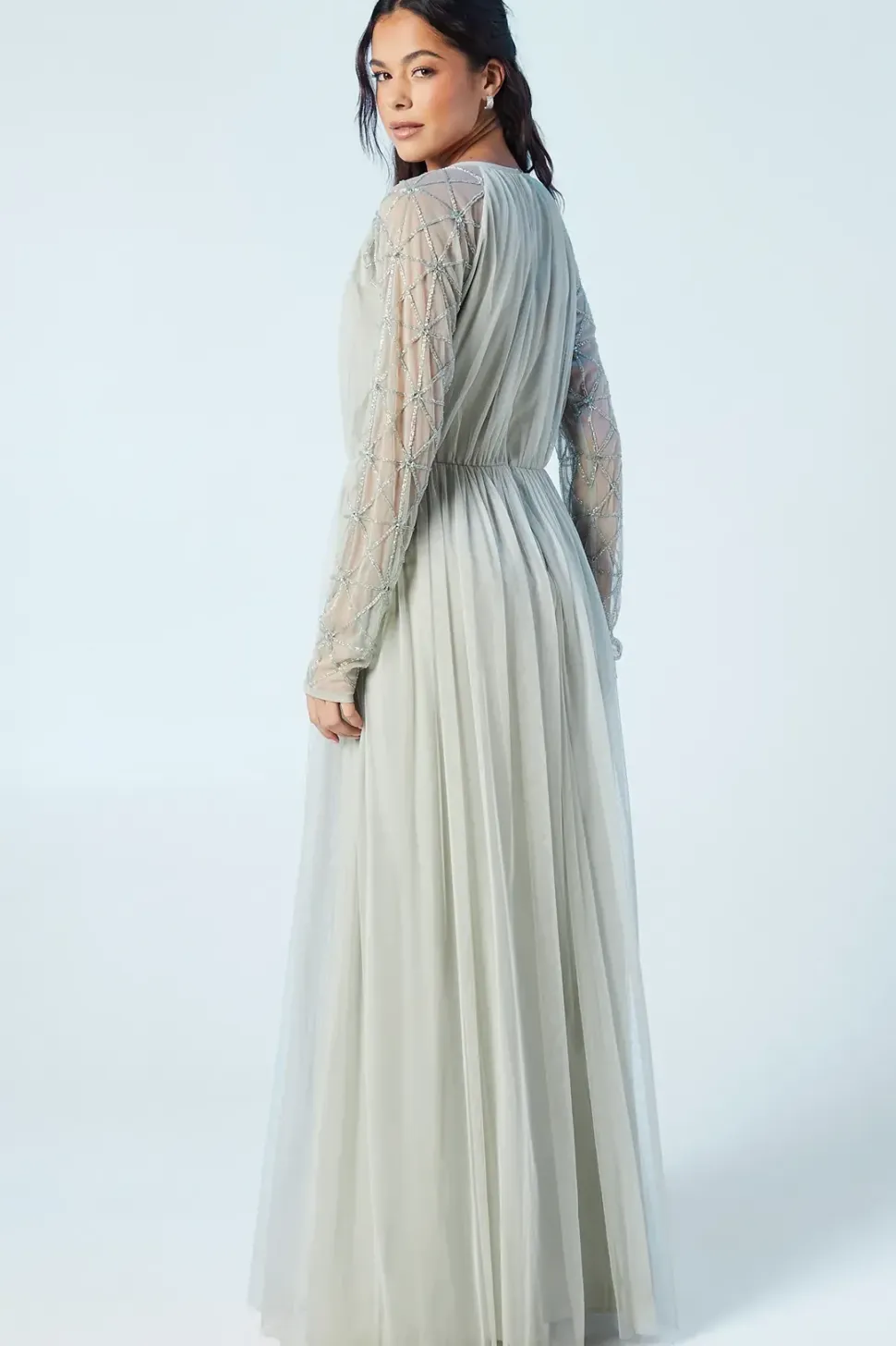 Sheer Embellished Sleeve Mesh Bridesmaids Maxi Dress
