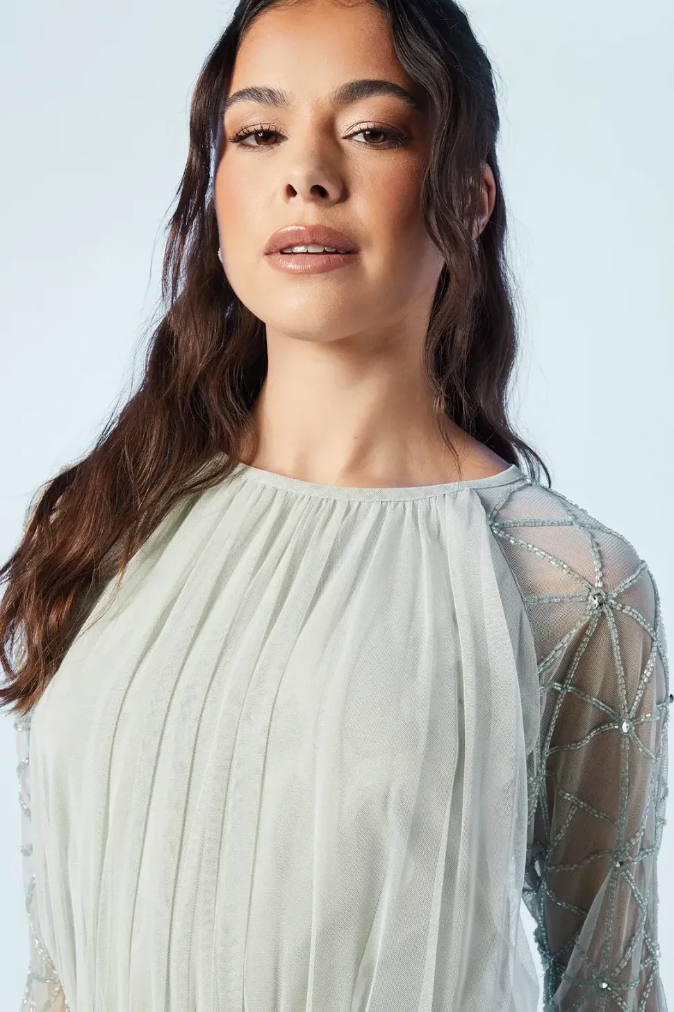 Sheer Embellished Sleeve Mesh Bridesmaids Maxi Dress