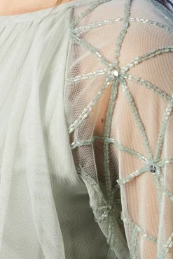 Sheer Embellished Sleeve Mesh Bridesmaids Maxi Dress