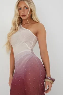 Sheer Ombre Diamante Embellished One Shoulder Maxi Dress