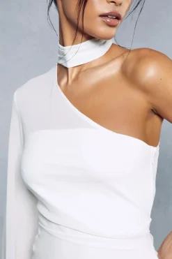 Sheer Overlay Ruched Choker Neck Asymmetric Midi Dress