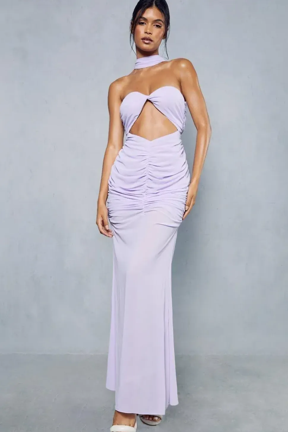Sheer Overlay Ruched Choker Neck Cut Out Maxi Dress