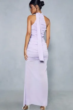 Sheer Overlay Ruched Choker Neck Cut Out Maxi Dress