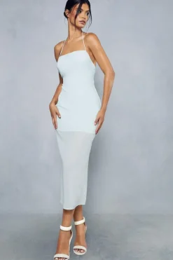 Sheer Overlay Strappy Halterneck Tie Back Midaxi Dress