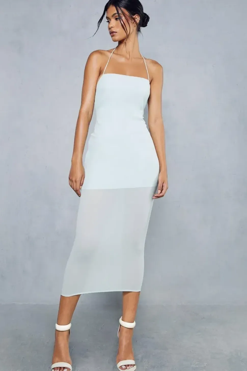 Sheer Overlay Strappy Halterneck Tie Back Midaxi Dress