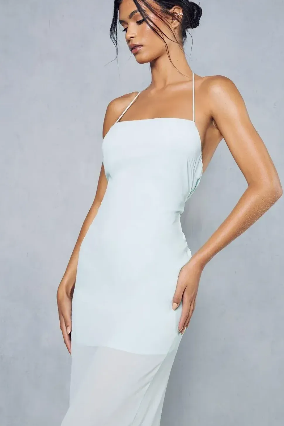 Sheer Overlay Strappy Halterneck Tie Back Midaxi Dress
