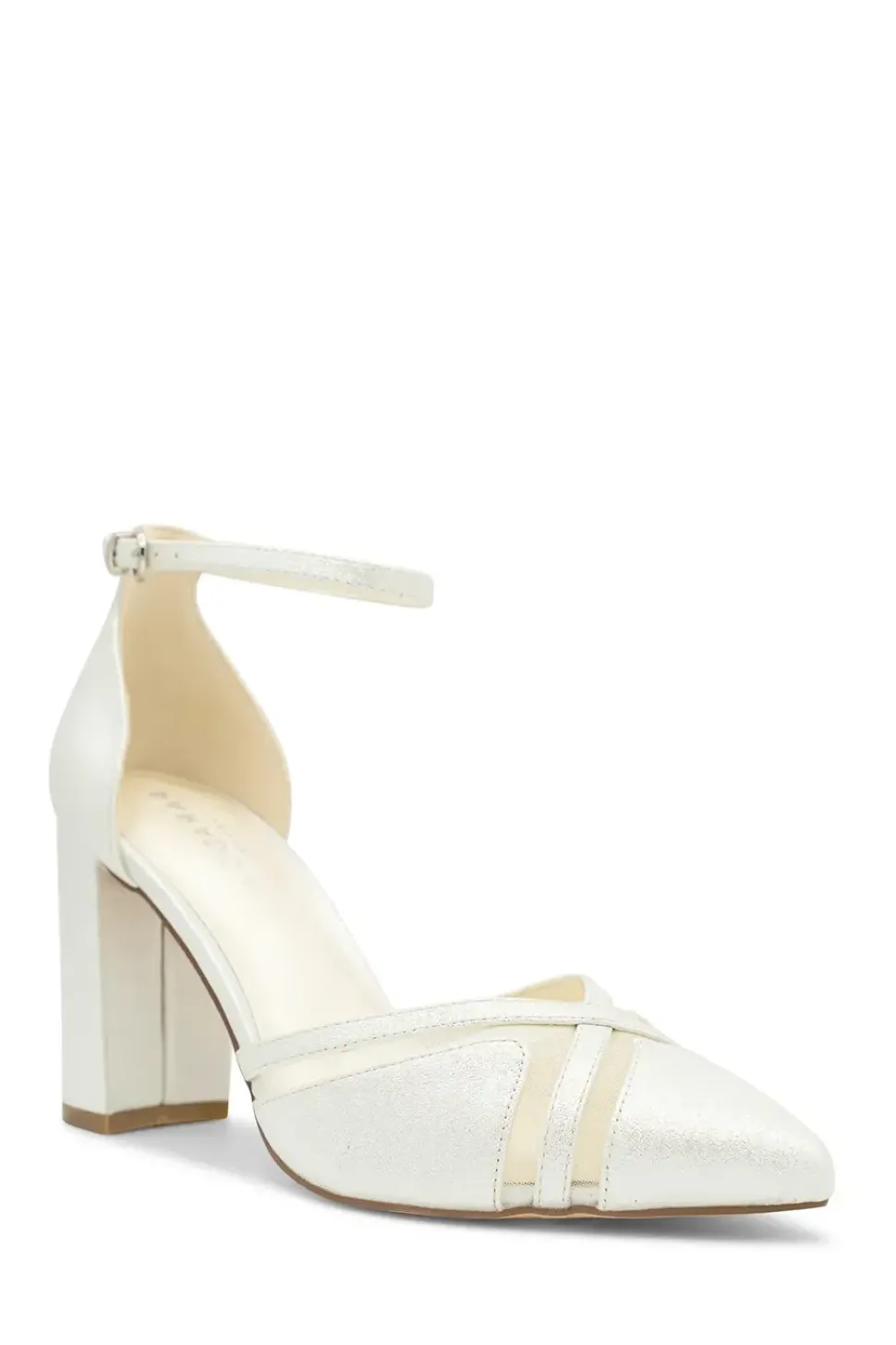 Shimmer 'Rhea' High Block Heel Ankle Strap Court Shoes
