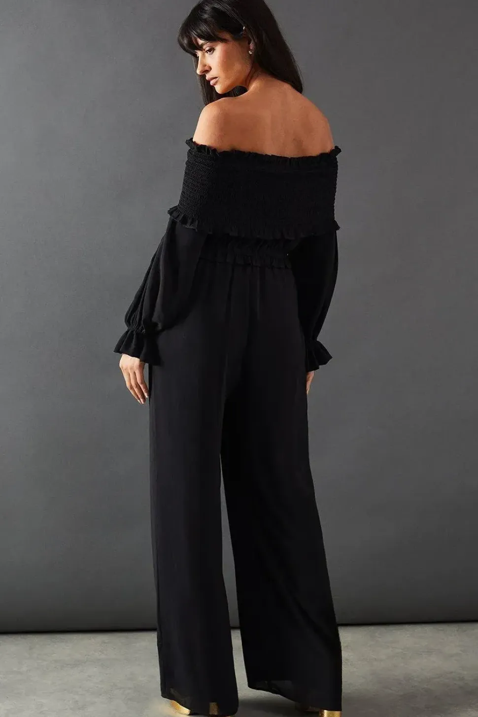 Shirred Bardot Waisted Wide Leg Jumpsuit