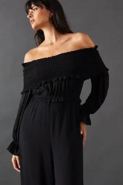 Shirred Bardot Waisted Wide Leg Jumpsuit