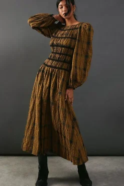 Shirred Bodice Check Midaxi Dress