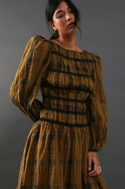 Shirred Bodice Check Midaxi Dress