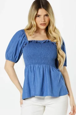 Shirred Bust Frill Neck Peplum Top