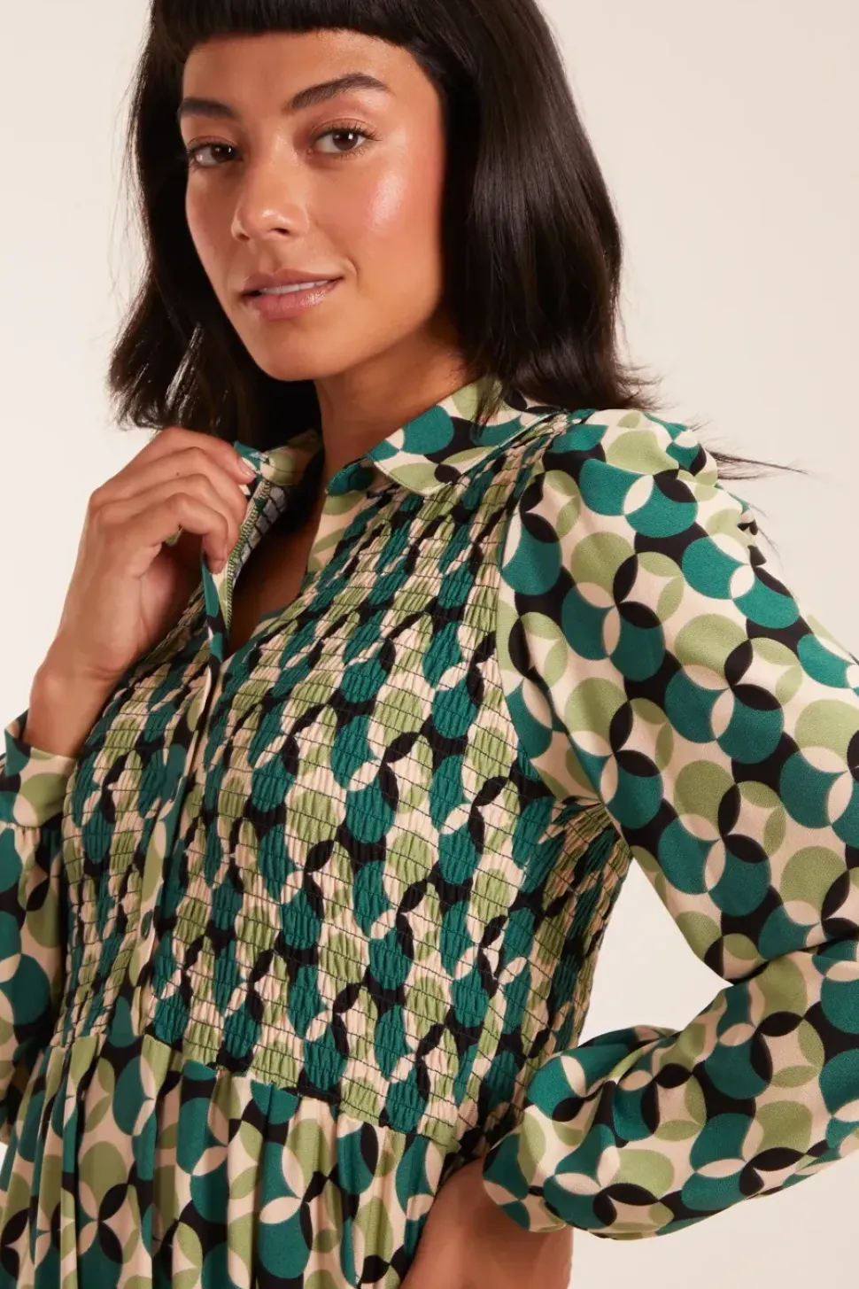 Shirred Bust Long Sleeve Shirt Dress