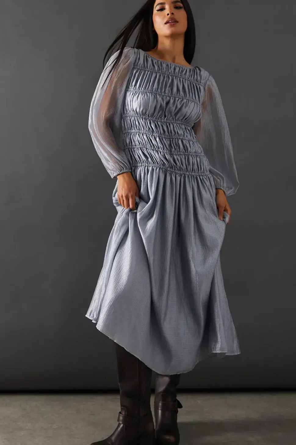 Shirred Chiffon Panel Bodice Midi Dress