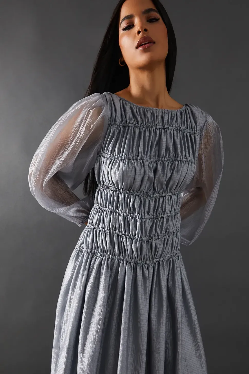 Shirred Chiffon Panel Bodice Midi Dress