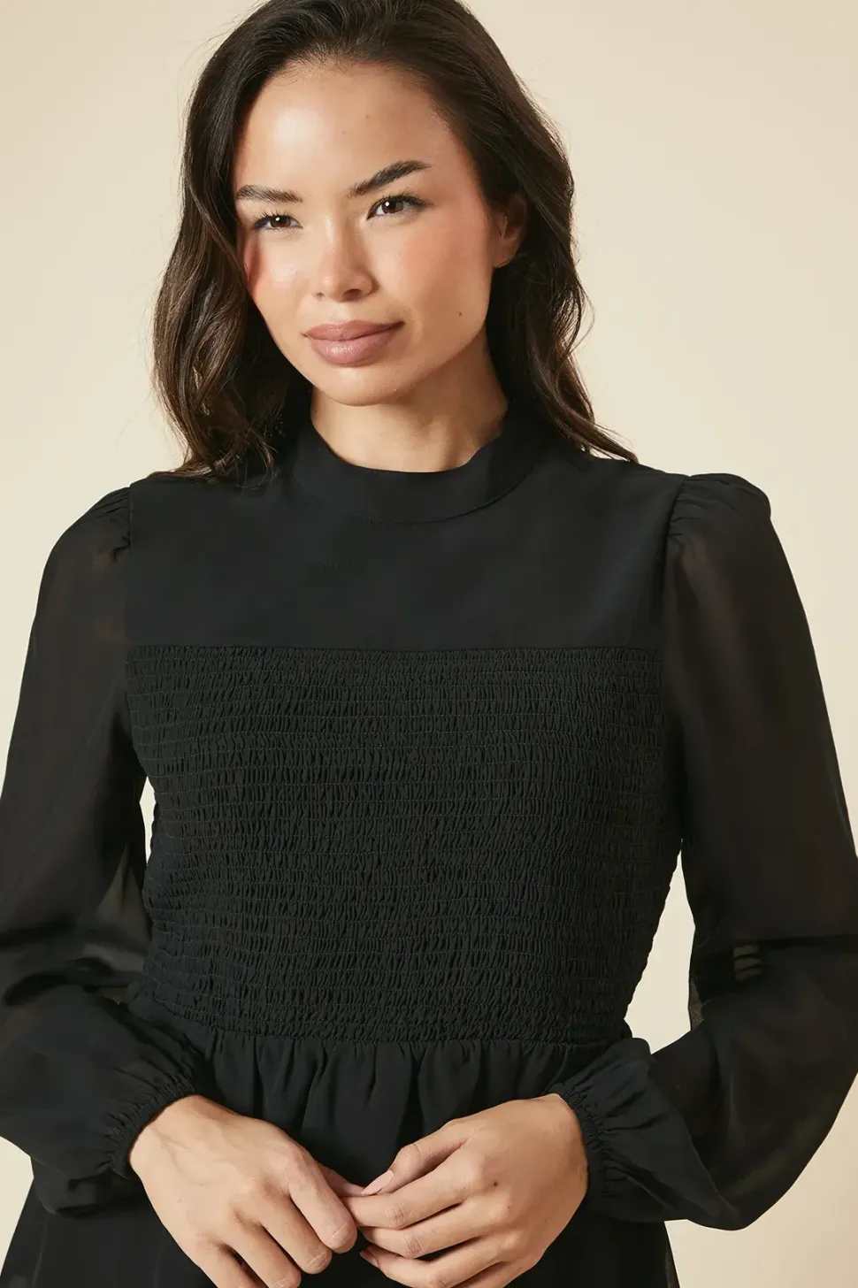 Shirred Front And Back Long Sleeve Blouse