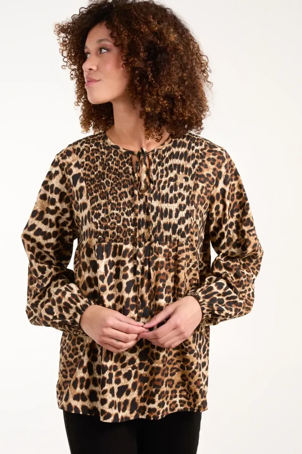 Shirred Front Tie Neck Blouse