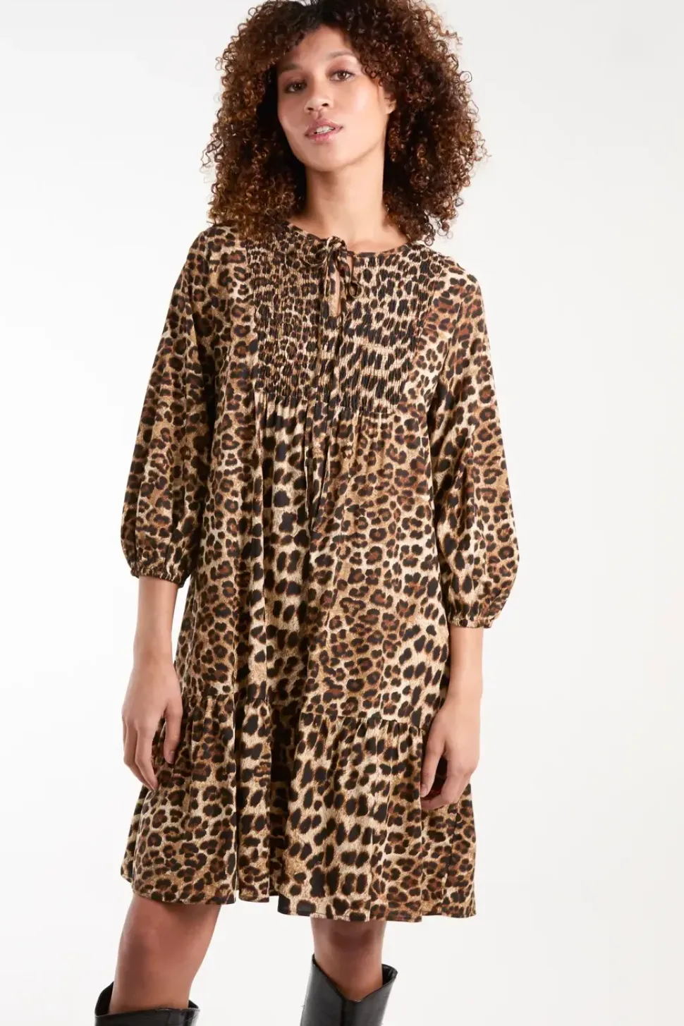 Shirred Front Tie Neck Smock Dress