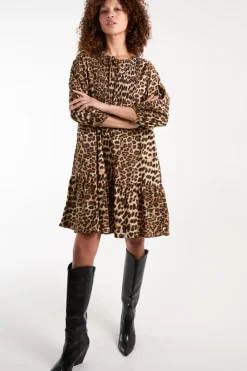Shirred Front Tie Neck Smock Dress