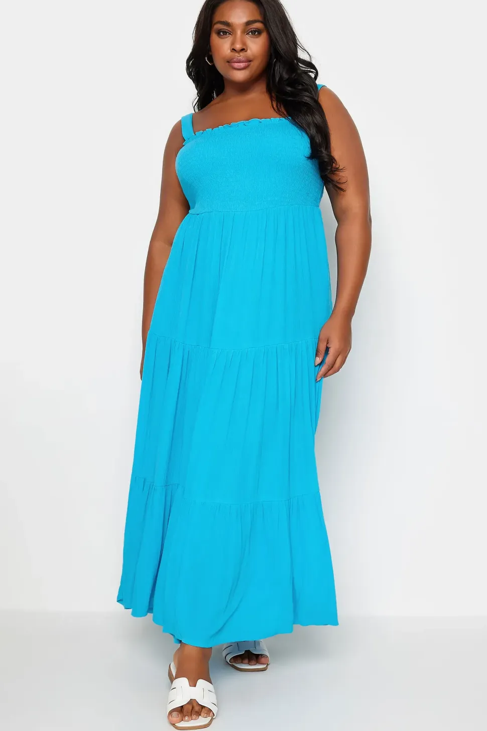 Shirred Strappy Midi Dress
