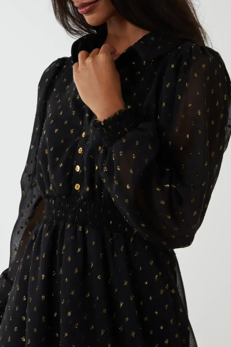 Shirred Waist & Puff Hem Shirt Dress