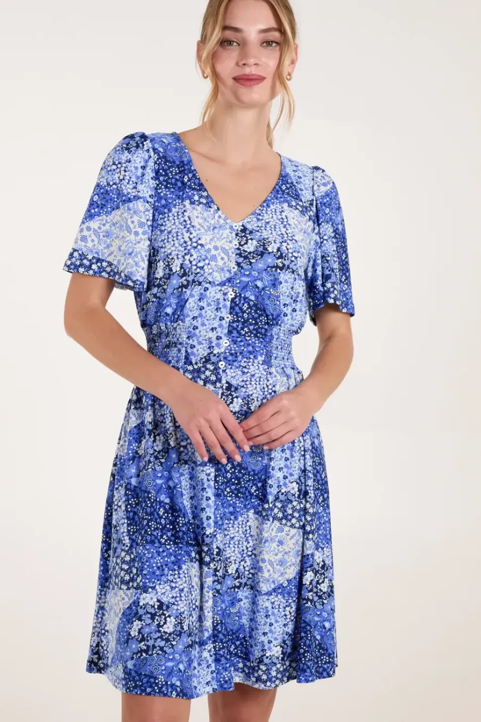 Shirred Waist Button Mini Dress
