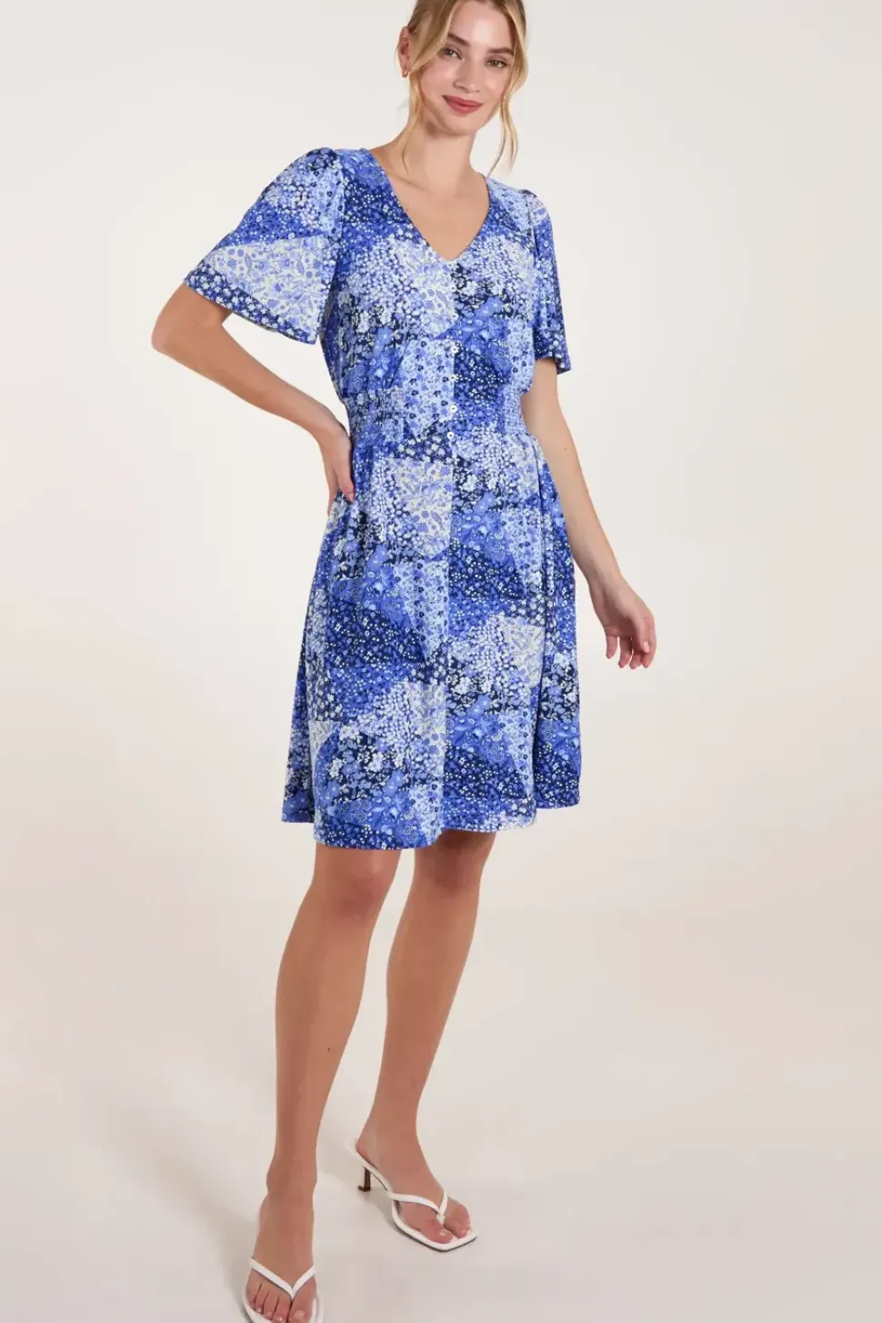 Shirred Waist Button Mini Dress