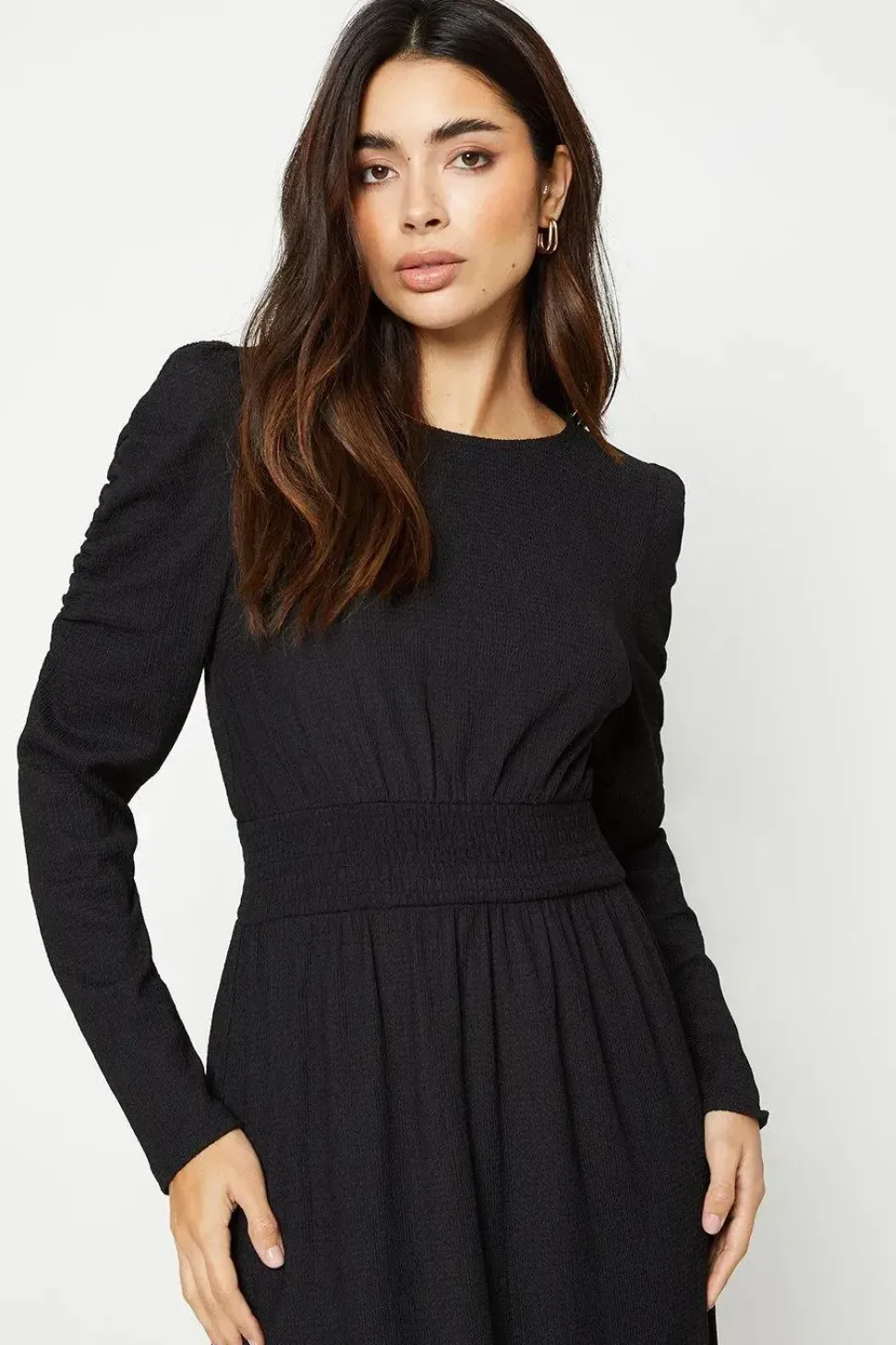 Shirred Waist Long Sleeve Midi Dress