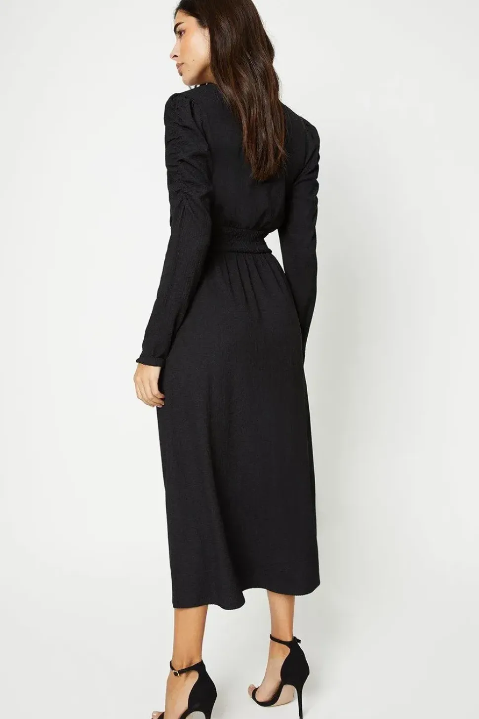 Shirred Waist Long Sleeve Midi Dress
